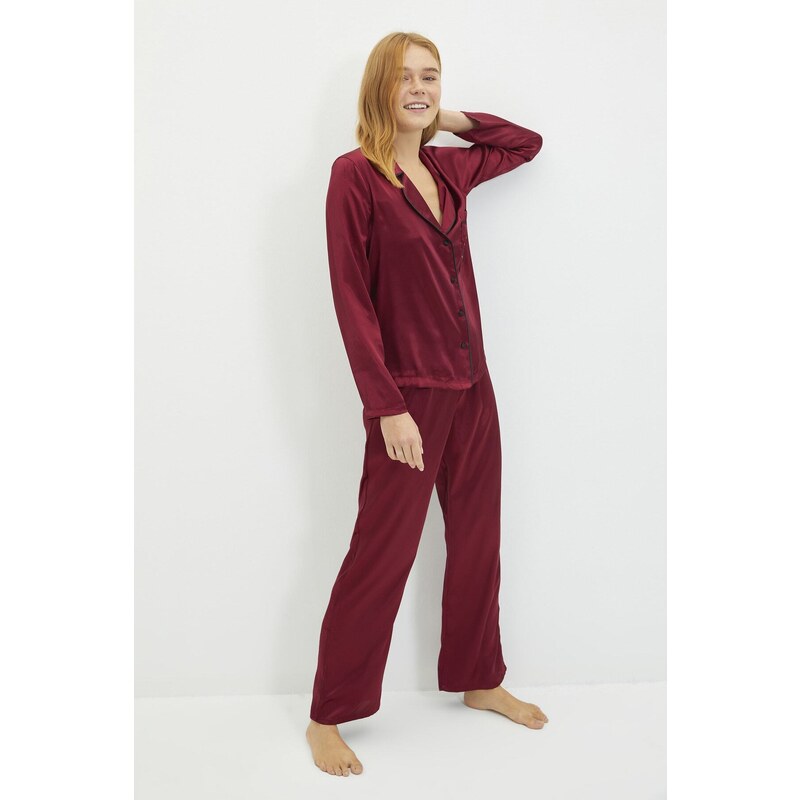 Trendyol Burgundy New Year Themed Embroidered Satin Shirt-Pants Woven Pajama Set