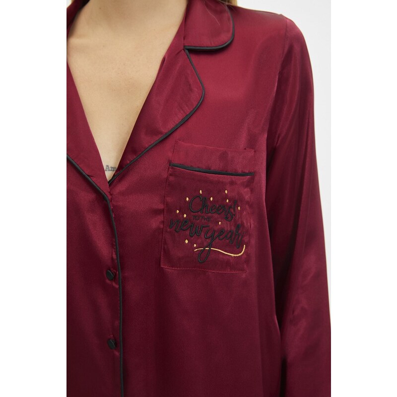 Trendyol Burgundy New Year Themed Embroidered Satin Shirt-Pants Woven Pajama Set