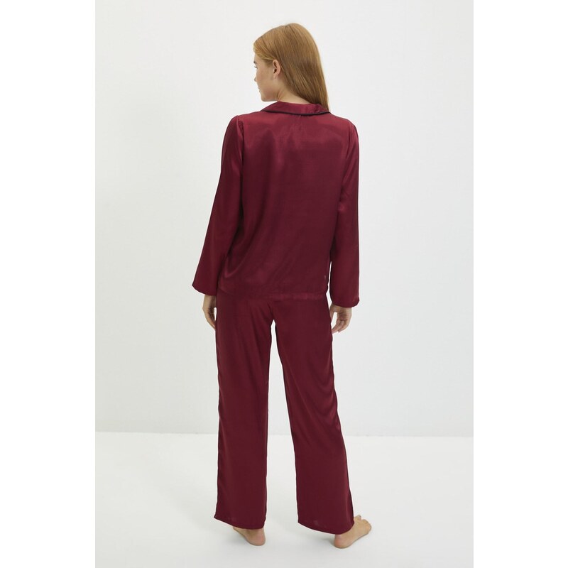 Trendyol Burgundy New Year Themed Embroidered Satin Shirt-Pants Woven Pajama Set