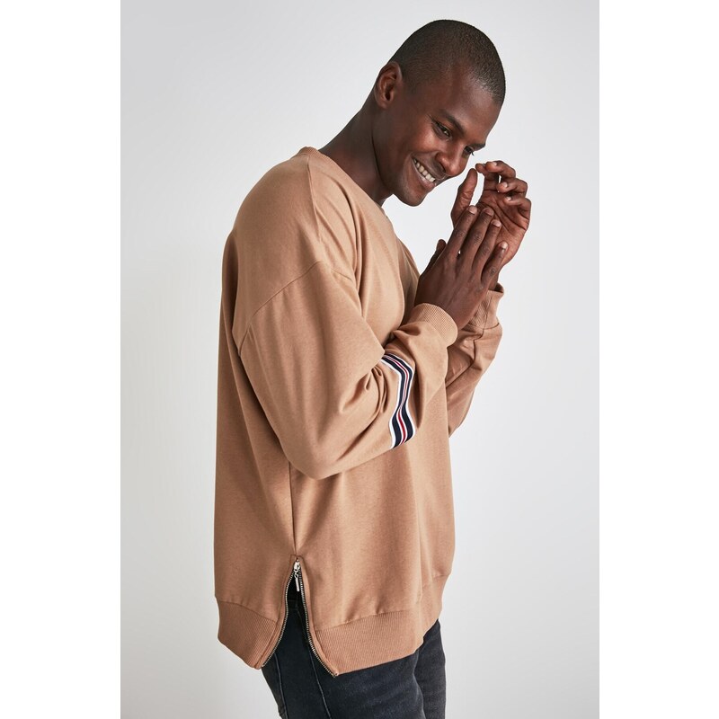 Trendyol Beige Men's Oversize/Wide-Fit Crew Neck Men's Striped Sweatshirt