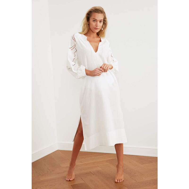 Trendyol White Midi Woven Kimono&Caftan 100% Cotton with Tassels