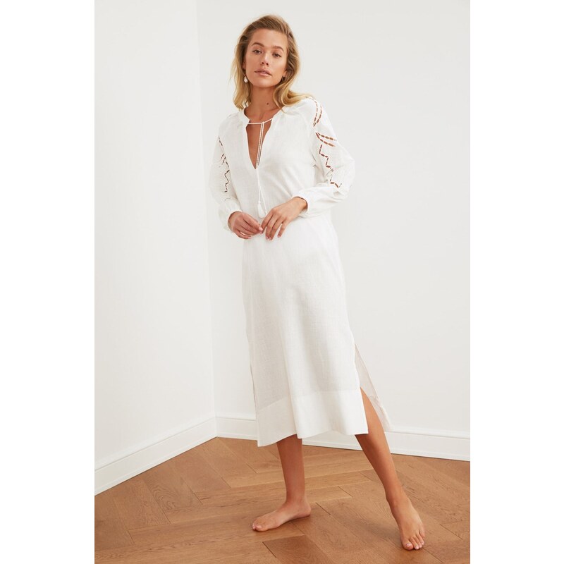 Trendyol White Midi Woven Kimono&Caftan 100% Cotton with Tassels