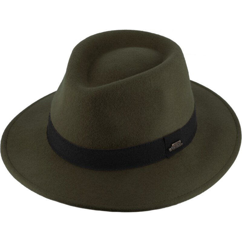 Cestovní nemačkavý klobouk vlněný od Fiebig - zelený s černou stuhou