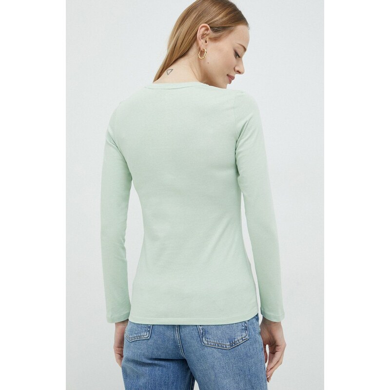 Bavlněné tričko s dlouhým rukávem Guess zelená barva