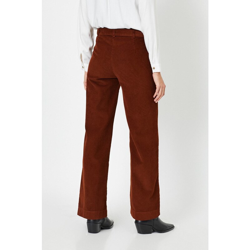 Koton Dámské hnědé sametové kalhoty s vázáním do pasu