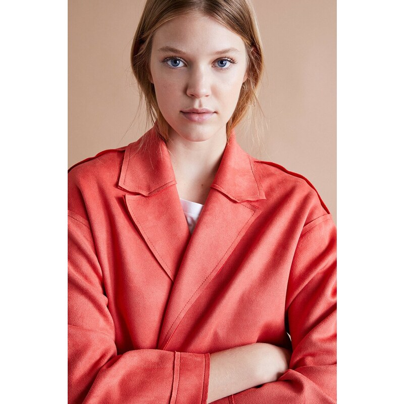 Koton Women's Red Suede Look Trench Coat