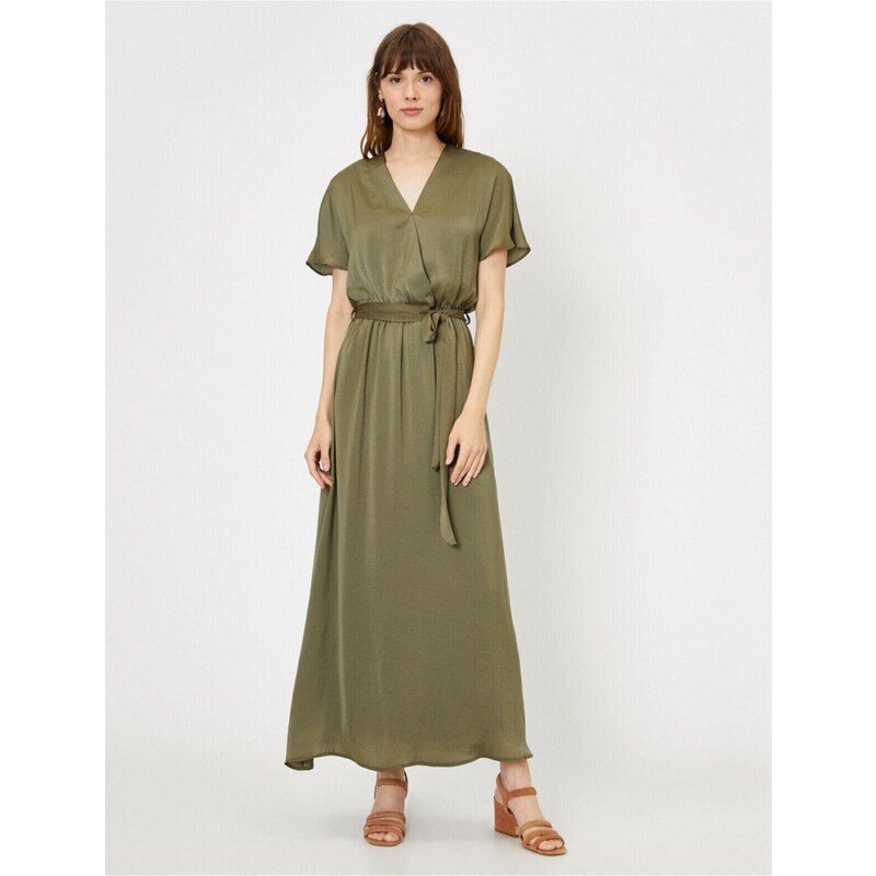 Koton Womens Green V-Neck Short Sleeve Maxi Dress