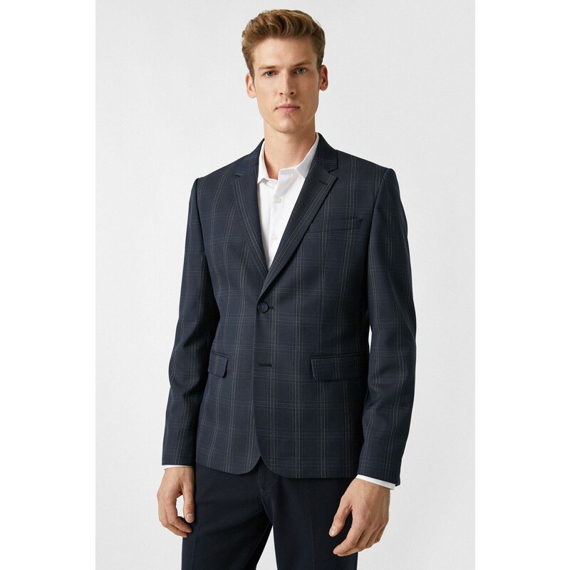 Koton Men's Navy Blue Checkered Pocket Blazer Jacket