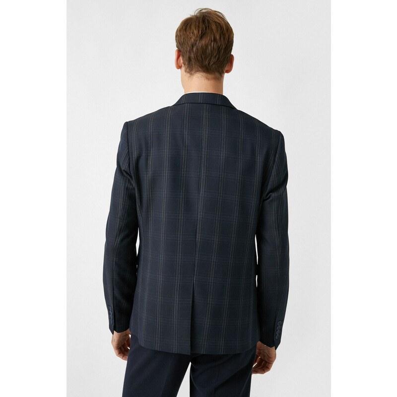 Koton Men's Navy Blue Checkered Pocket Blazer Jacket