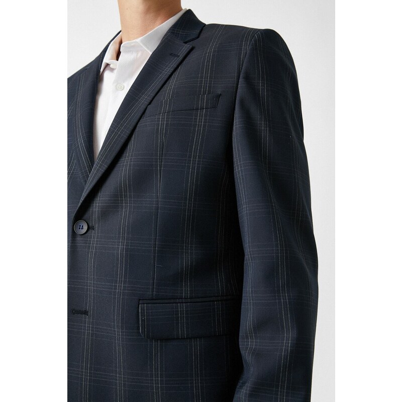 Koton Men's Navy Blue Checkered Pocket Blazer Jacket