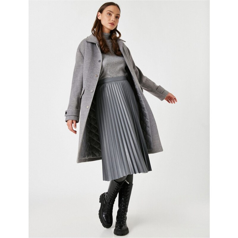 Koton Women's Gray Pleated Faux Leather Skirt