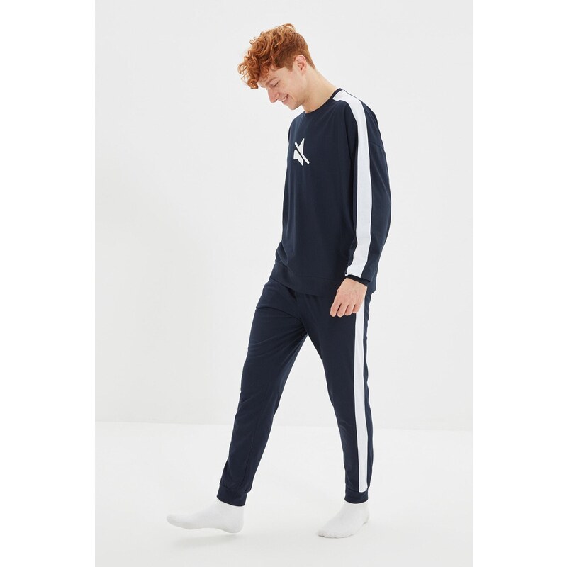 Trendyol Navy Blue Printed Striped Detailed Knitted Pajamas Set