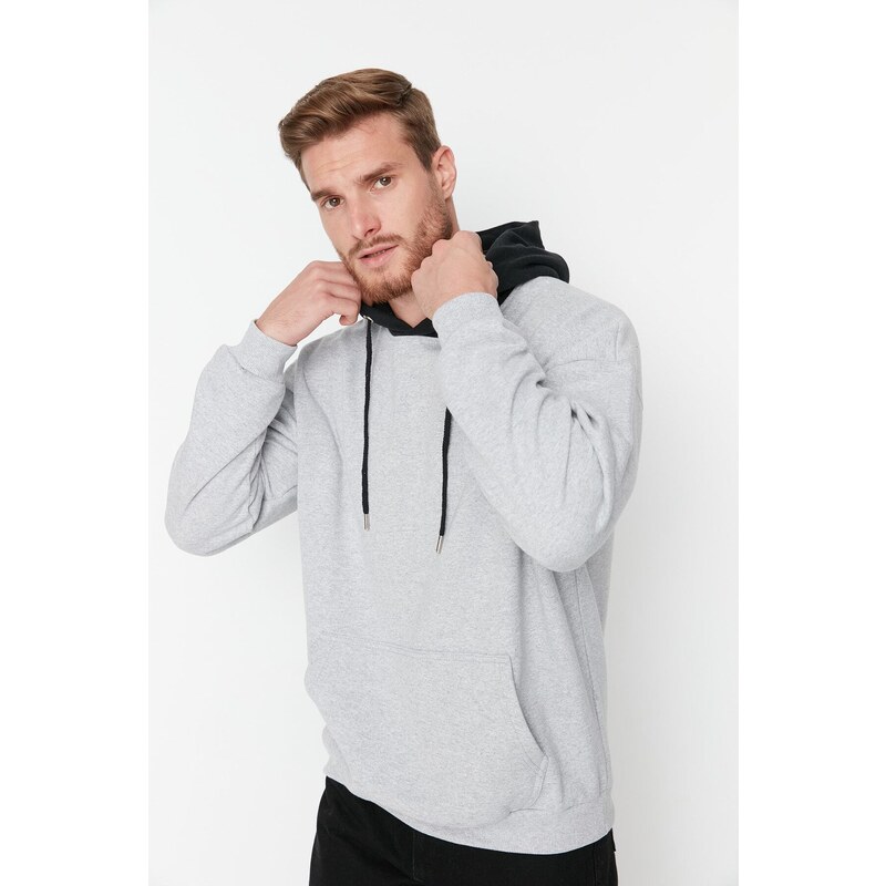 Trendyol Gray Oversize/Wide-Fit Hooded Text Printed Fleece Inside Sweatshirt