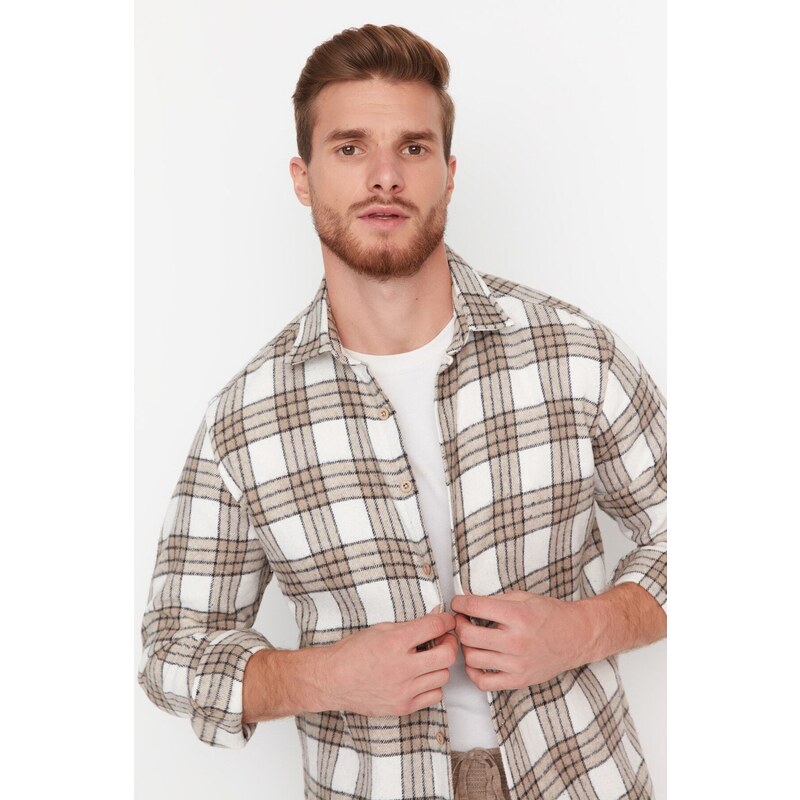 Trendyol Men's Brown Regular Fit Woodcut Plaid Shirt