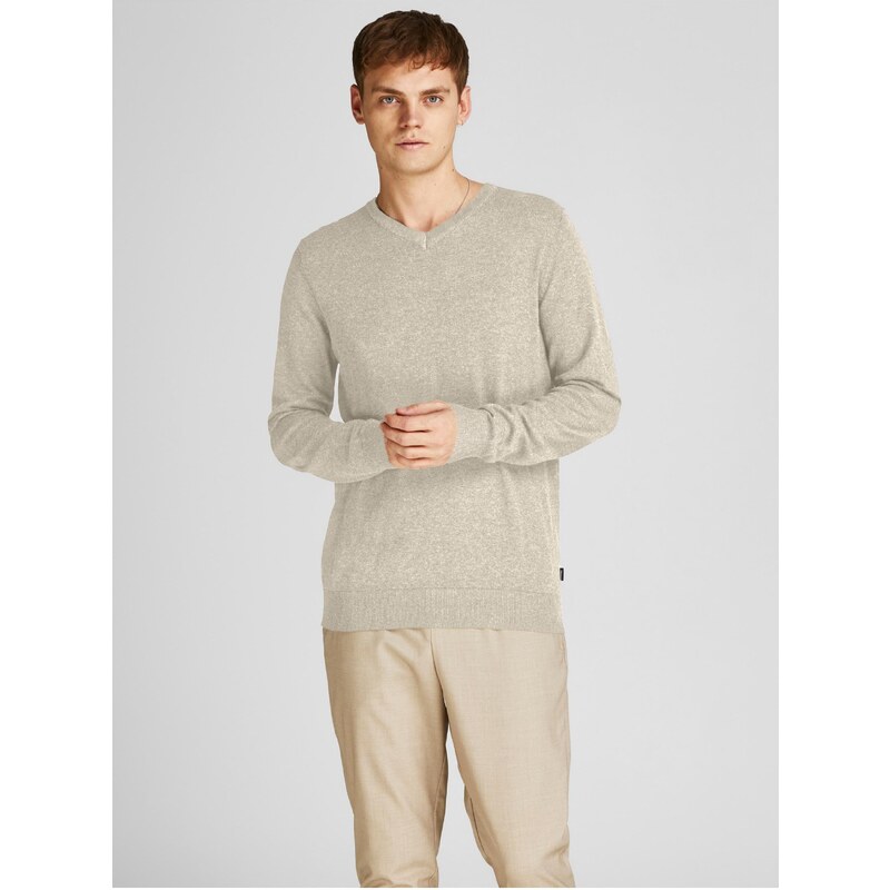 Béžový pánský žíhaný basic svetr Jack & Jones Emil - Pánské