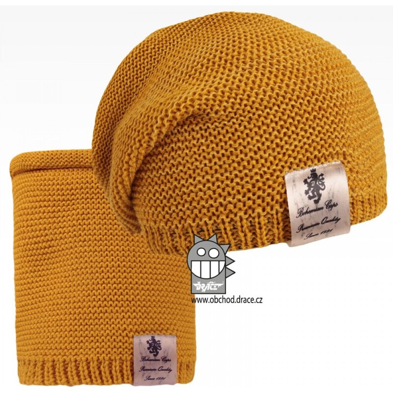 Čepice pletená a nákrčník Dráče - Colors set 13, hořčicová tmavá