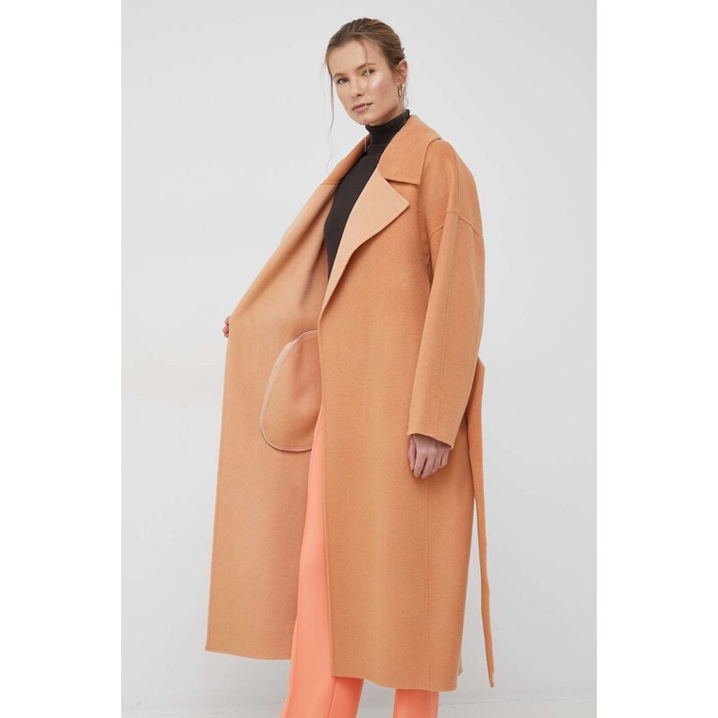 Vlněný kabát Calvin Klein oranžová barva, přechodný, oversize