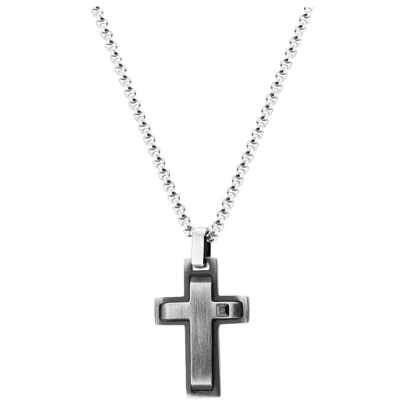 Manoki Pánský ocelový náhrdelník Yves s černým zirkonem - kříž