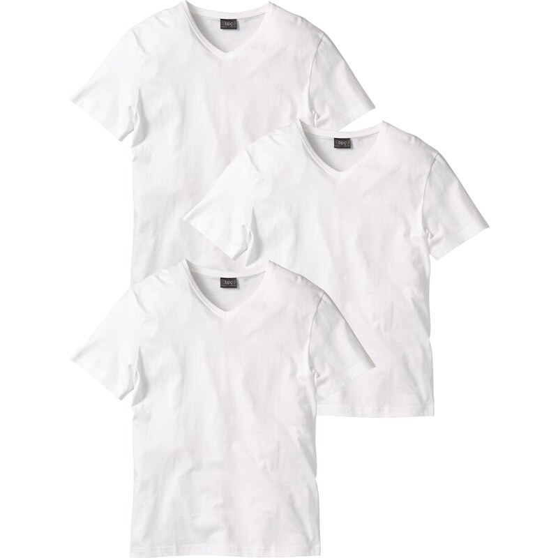 bonprix Tričko s výstřihem do V (3 ks v balení) Bílá