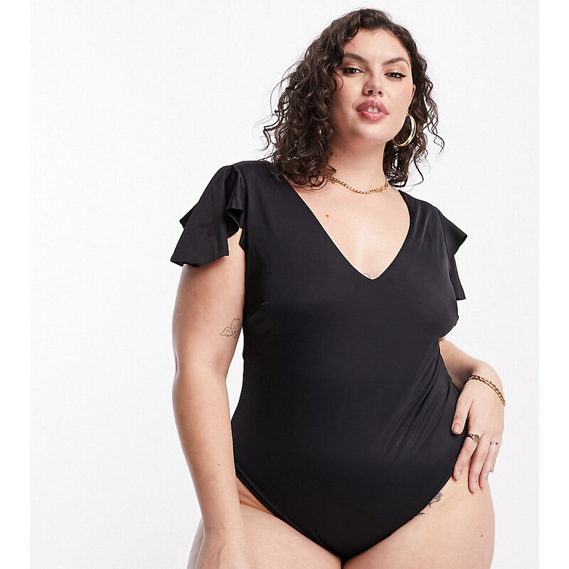 ASOS Curve ASOS DESIGN Curve flutter sleeve plunge neck swimsuit