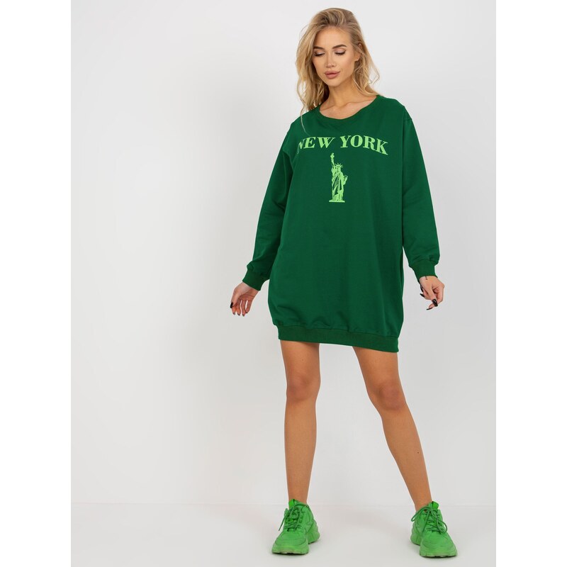 Fashionhunters Tmavě zelená a zelená oversize dlouhá mikina s nápisem