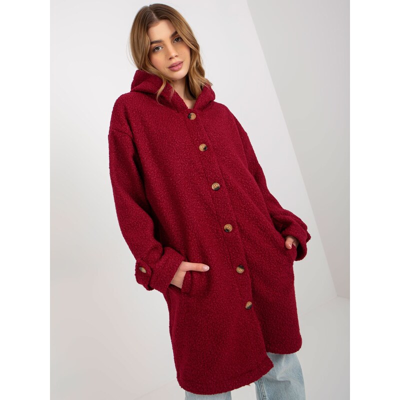 Fashionhunters Dámský kaštanový plyšový kabát s kapucí