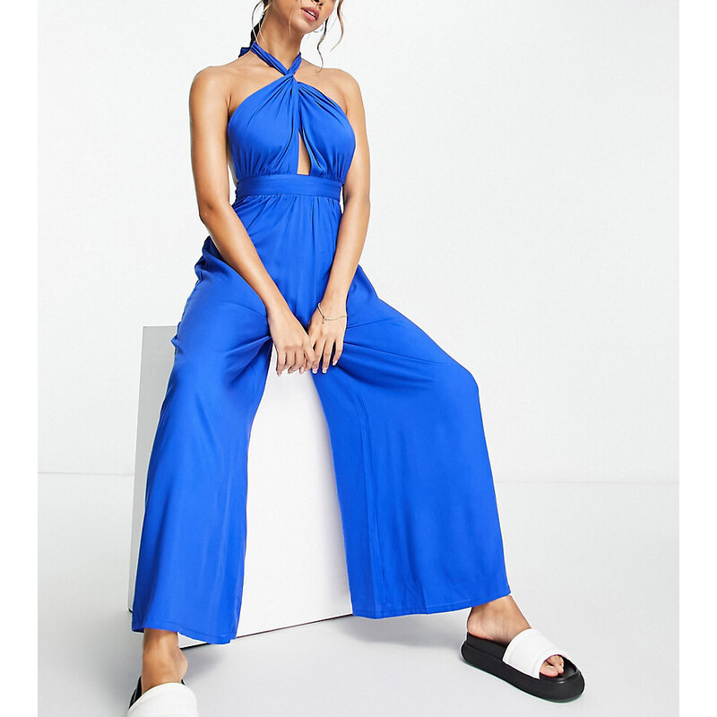 Esmee Exclusive beach jumpsuit with cross over halter detail in