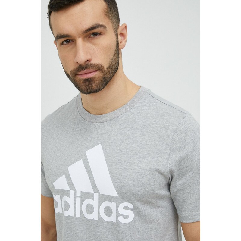 Bavlněné tričko adidas šedá barva, s potiskem, IC9350