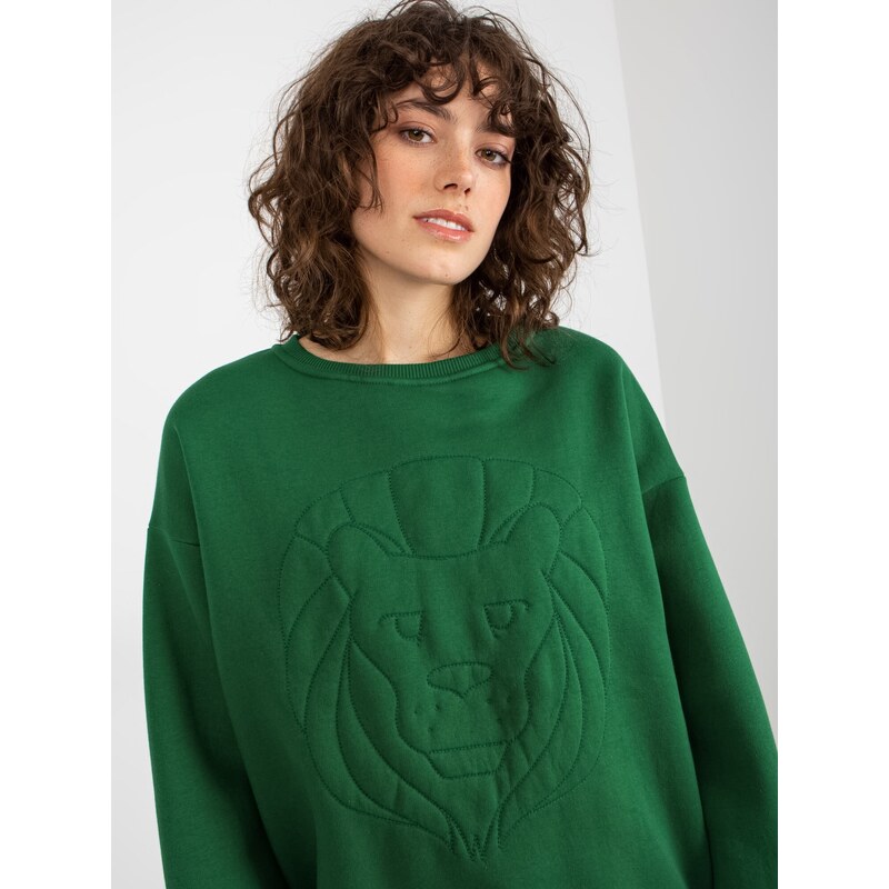 Fashionhunters Tmavě zelená mikina bez kapuce s výšivkou