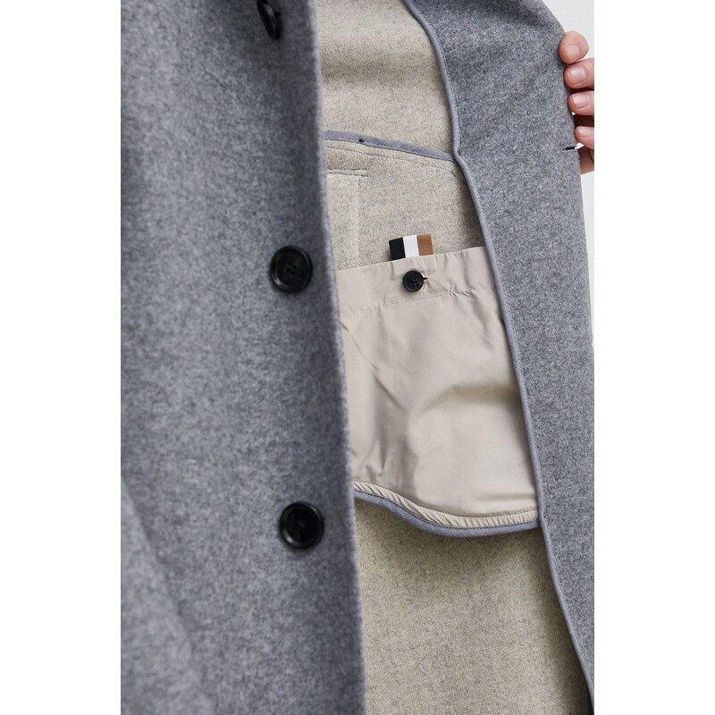 Kabát s příměsí vlny BOSS šedá barva, přechodný, oversize