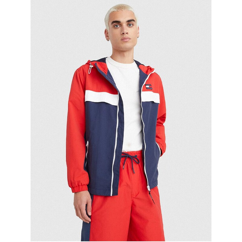 Tommy Hilfiger Červeno-modrá pánská lehká bunda s kapucí Tommy Jeans Chicago - Pánské