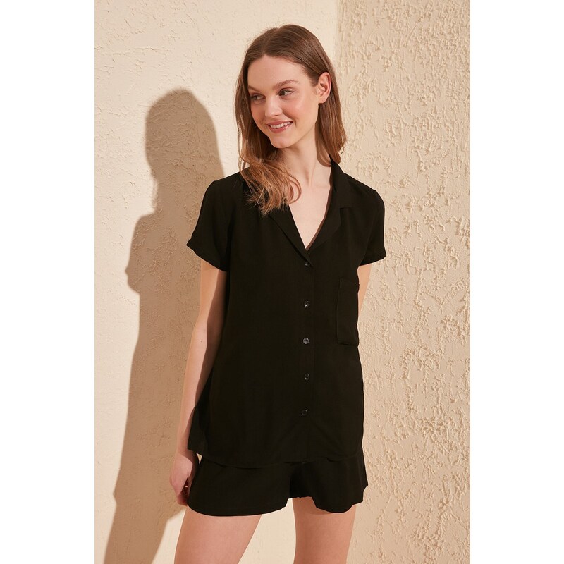 Trendyol Black Viscose Shirt-Shorts Woven Pajama Set