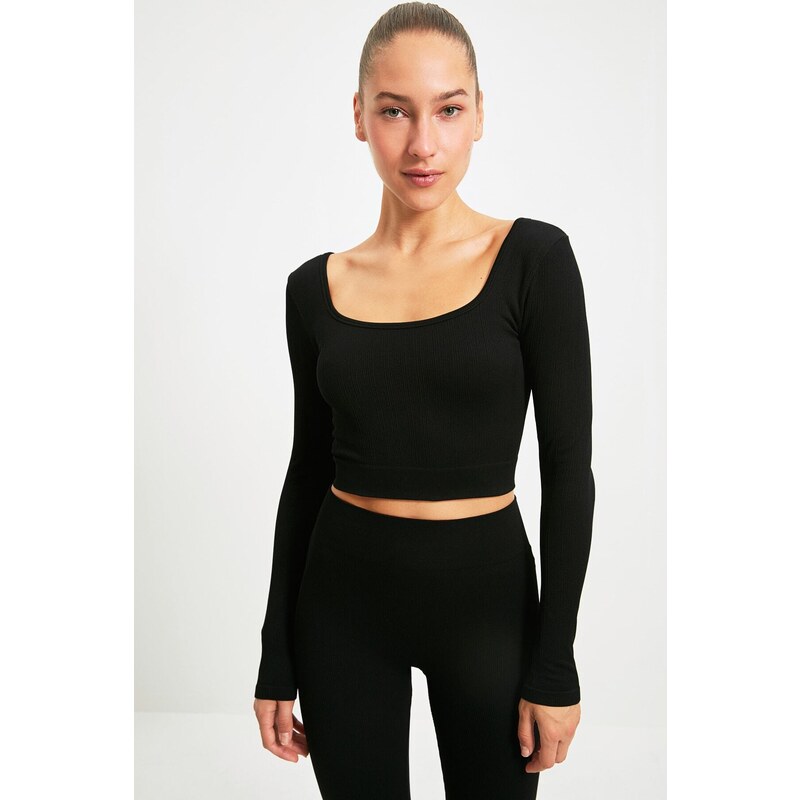 Trendyol Black Seamless/Seamless Crop Extra Stretchy Knitted Sports Top/Blouse