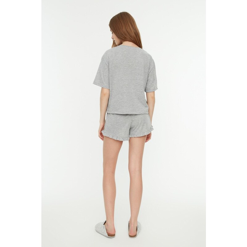 Trendyol Gray Cotton Printed T-shirt-Shorts Knitted Pajama Set