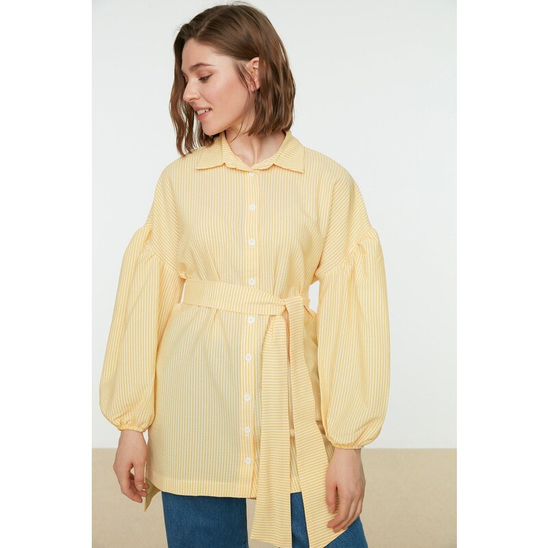 Trendyol Yellow Striped Belted Balloon Back of the Sleeves Long Woven Shirt