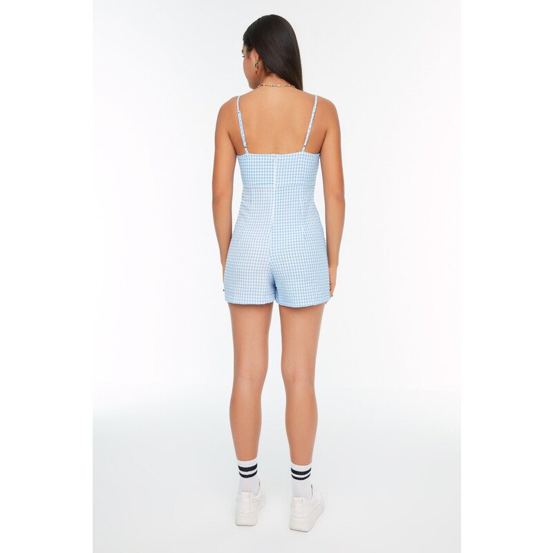 Trendyol Blue Checkered Window Detailed Strappy Mini Woven Jumpsuit