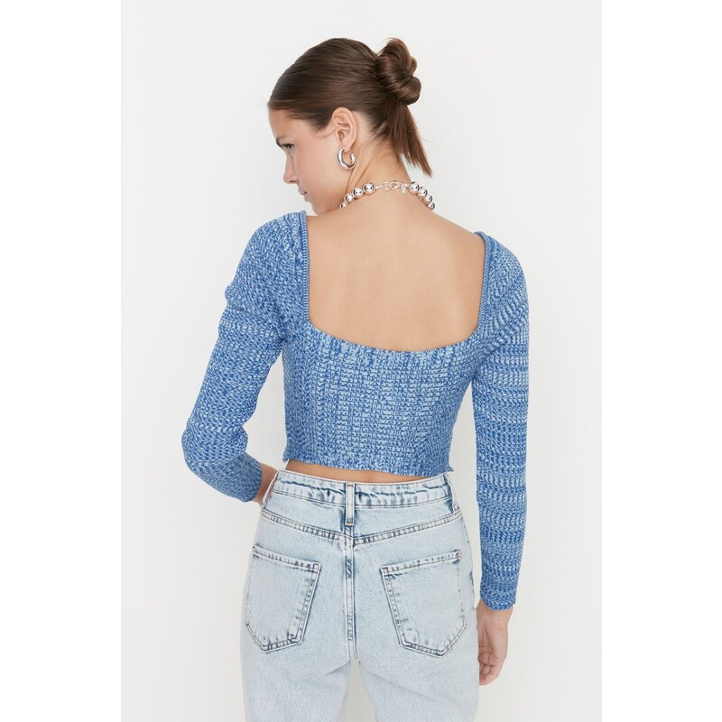 Trendyol Blue Crop Premium Yarn / Special Yarn Sweetheart Knitwear Sweater