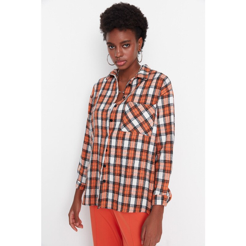 Trendyol Orange Wide-Cut Checkered Woven Shirt