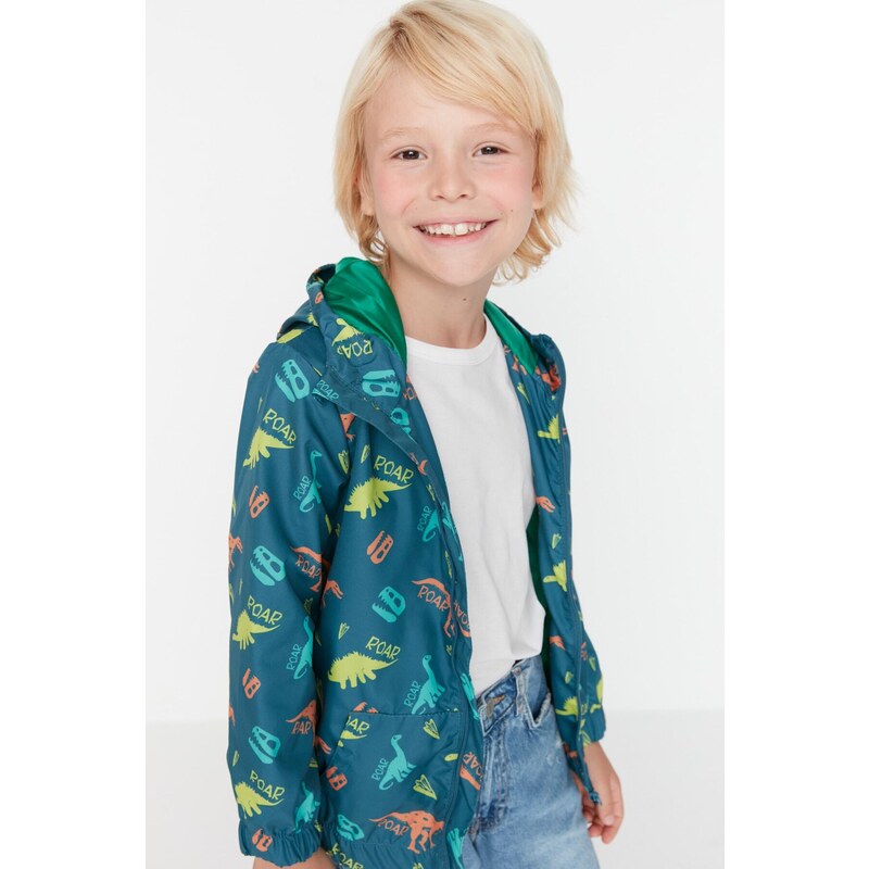 Trendyol Oil Boy Hoodie With Pocket Dinosaur Patterned Raincoat