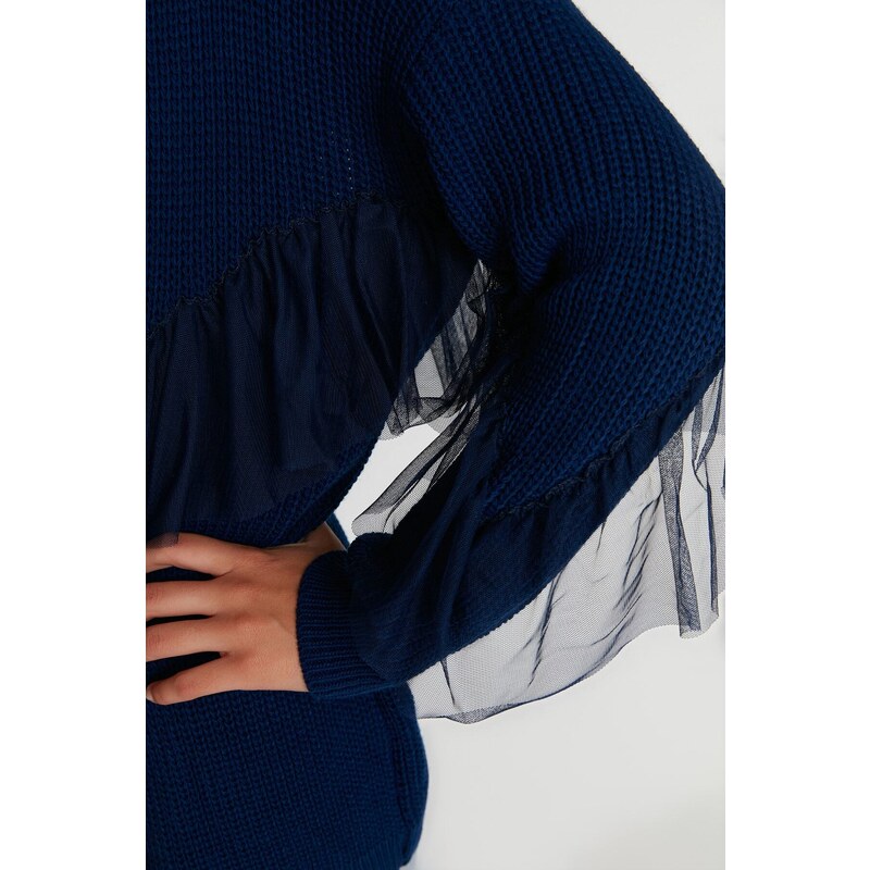 Trendyol Navy Blue Tulle Knitwear Cardigan