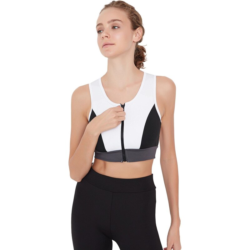 Trendyol White Color Block Support/Shaping Zipper Knitted Sports Bra