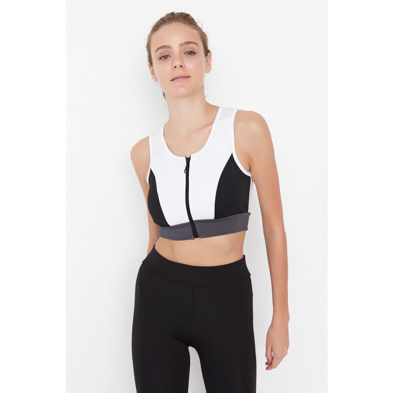 Trendyol White Color Block Support/Shaping Zipper Knitted Sports Bra