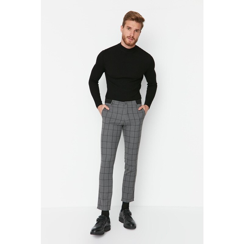 Trendyol Anthracite Men's Slim Fit Chino Pockets Plaid Trousers