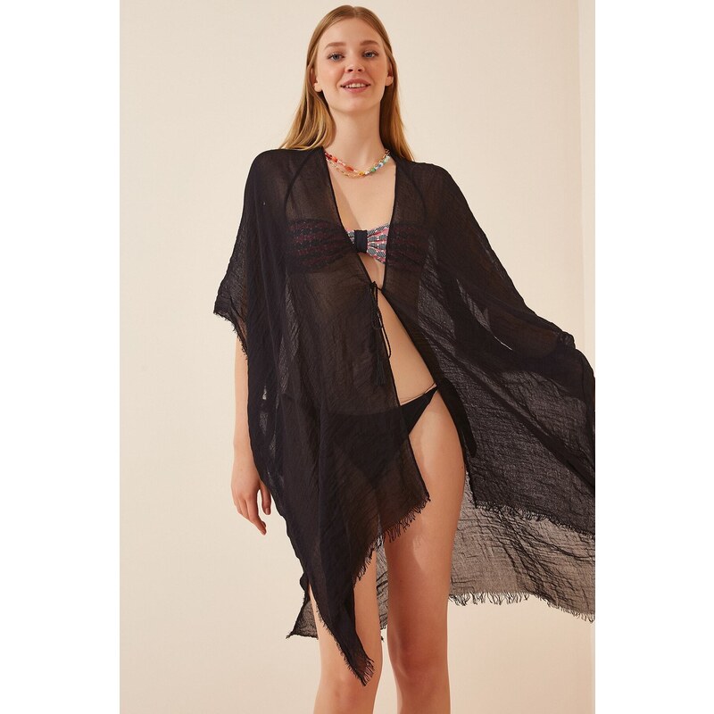 Happiness İstanbul Women's Black Tied Cotton Kimono