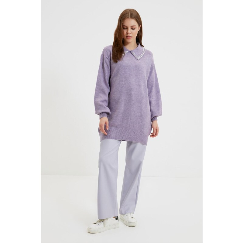 Trendyol Lilac Baby Neck Pearl Soft Knitwear Sweater