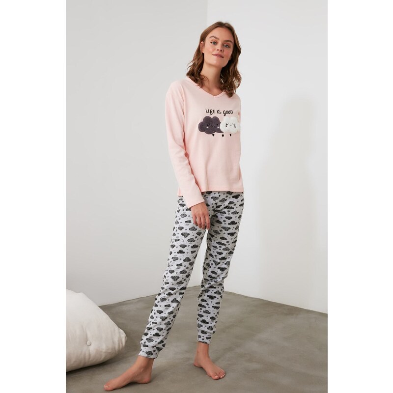 Trendyol Salmon Cotton Embroidered T-shirt-Jogger Knitted Pajama Set