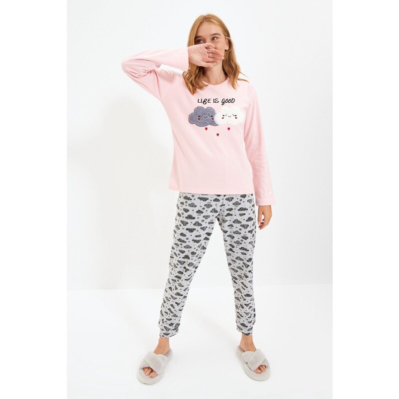 Trendyol Salmon Cotton Embroidered T-shirt-Jogger Knitted Pajama Set