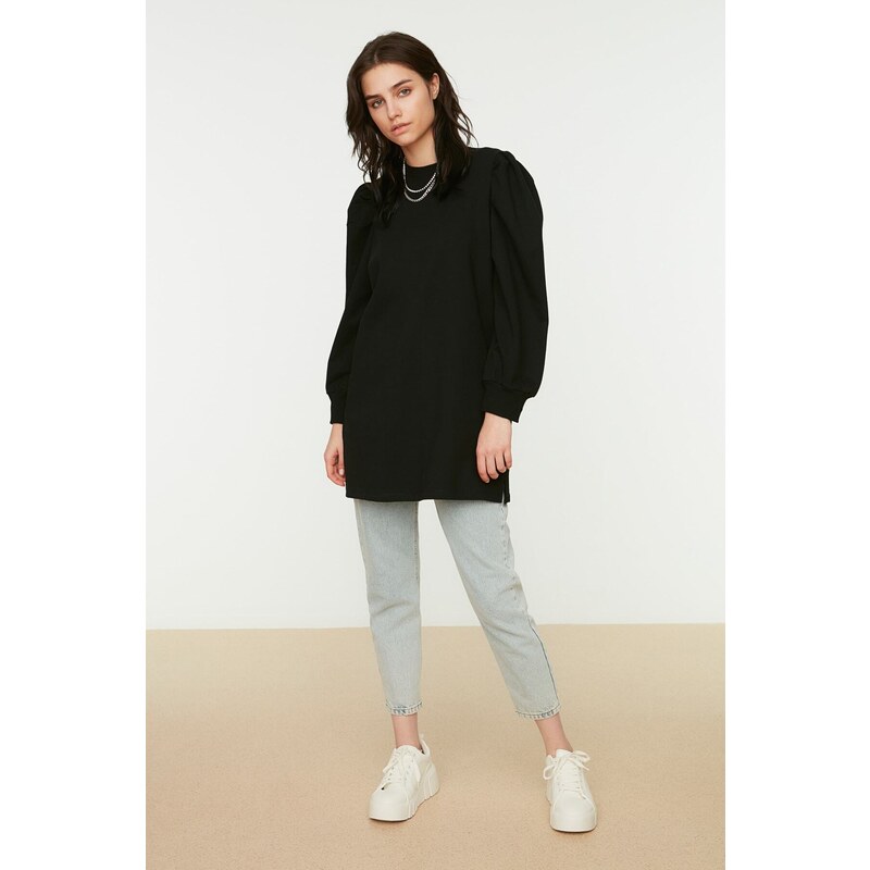 Trendyol Black Sleeve Detailed Knitted Crew Neck Slit Tunic