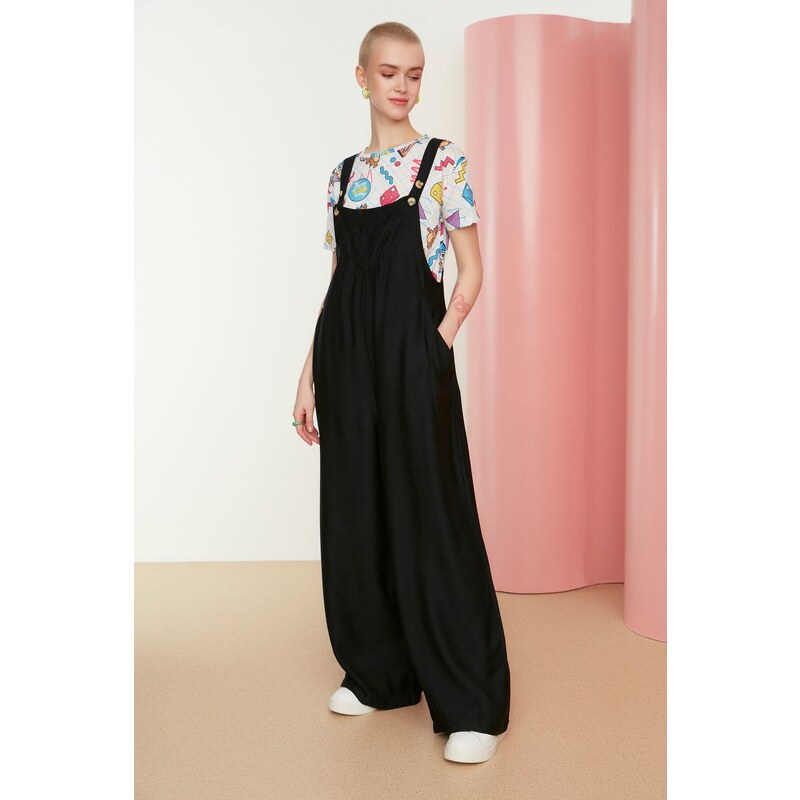 Trendyol Black Gilet Form Linen Look Wide Leg Woven Jumpsuit