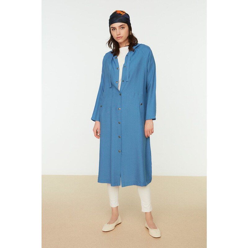 Trendyol Indigo Snap Closure Wide Fit Woven Hooded Cap & Abaya